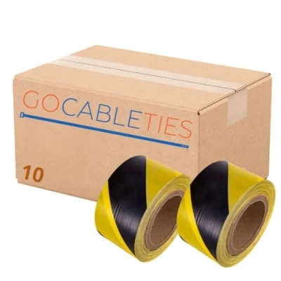 Image of Gocableties 70mm x 500m Bulk Box of 10 Rolls Black/Yellow Barrier Tape Non Adhesive Warning