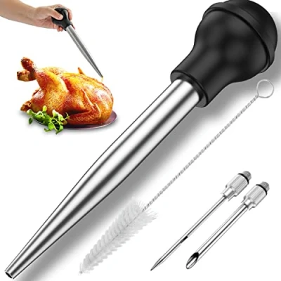 Image of Foppla Turkey Baster,Stainless Steel Baster Syringe,Meat Marinade Injector Needle with 2 Needles Silicone Bulb and Cleaning Brush,Meat for Kitchen Cooking