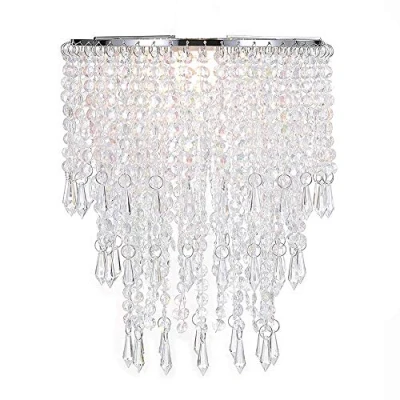 Image of Waneway 3 Tiers Ceiling Chandelier Pendant Light Shade with Acrylic Jewel Droplets, Beaded Lampshade Chrome Frame and Clear Beads, Diameter 22 cm,