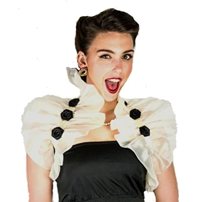 Image of Organza Ruffle Rosette Shawl (One Size (36 inches length excluding satin ribbon), Cream with Black rosettes)