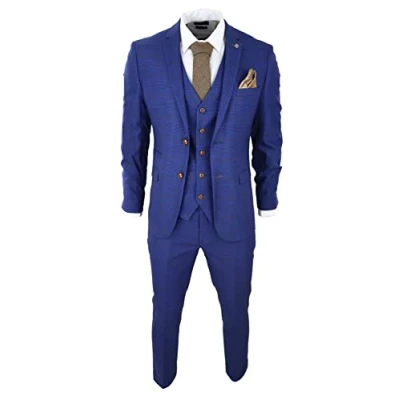 Image of Mens Blue Brown Check 3 Piece Suit Tailored Fit Wedding Prom Races Prince of Wales 36