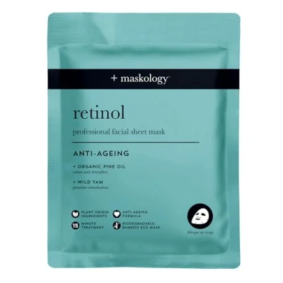 Image of MASKOLOGY RETINOL Professional Sheet Mask Pack of 1 Seaweed Kelp Anti Aging Face Masks Organic Pine Oil &amp; Wild Yam Skincare 100% Plant Based
