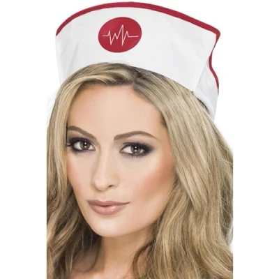 Image of Smiffys Nurse&#039;s Hat, White Fabric with Elastic, Hospital Fancy Dress, Nurse Dress Up Hats
