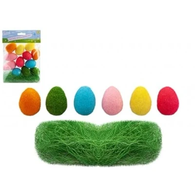 Image of PMS Pack of 12 Flock Decorative Easter Eggs and Grass Set Bonnet Decorating Accessory Kids Decorations Basket Filler Egg DIY Craft