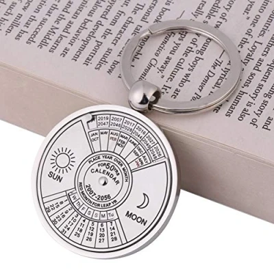 Image of 1 Piece Key Ring, Metal 50 Years Perpetual Calendar Mini Revolving 2010 2059 Keyring Charm Keychain