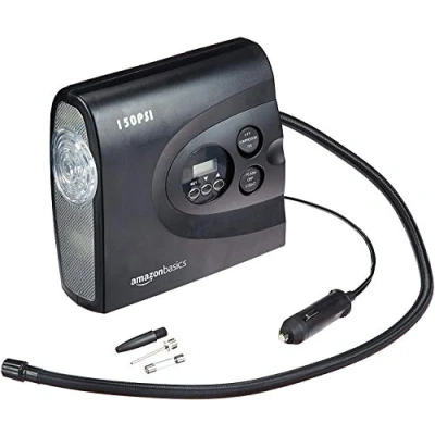 Image of Amazon Basics Compact Portable Air Compressor, Tyre Inflator, Automatic Shut Off with and LED Light, DC 12V, 150 PSI, Black