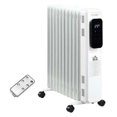 Image of HOMCOM 2500W Oil Filled Radiator, 11 Fin Portable Electric Heater with LED Display, 24H Timer, 3 Heat Settings, Adjustable Thermostat, Safety Cut off, Remote Control, White