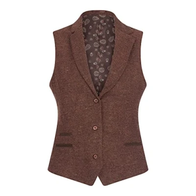 Image of Ladies Tweed Suit Blazer Trousers Waistcoat Herringbone Wool Vintage Rust Brown Camel 10