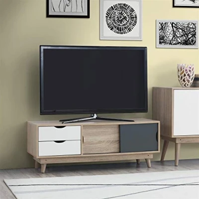 Image of Timber Art Design UK TV Unit Stand Alford Scandinavian Cabinet Storage With 2 Drawers Stores Media Devices Modern Furniture Living Room, Bedroom, Sonoma Oak Finish W120cm x H45cm D45cm