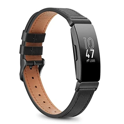 Image of Fintie Bands Compatible with Fitbit Inspire 2 / HR/Inspire, Soft Genuine Leather Replacement Strap Accessory Wristband, Black