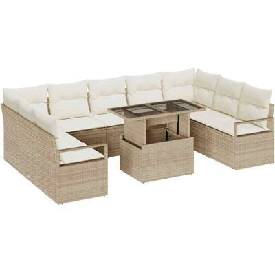 Image of vidaXL 10 Piece Garden Sofa Set with Cushions Beige Poly Rattan