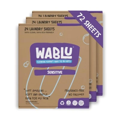 Image of WABLU Non Bio Laundry Sheets for sensitive skin and fabrics Fragrance Free, Hypoallergenic Multipack Planet friendly alternative to capsules, pods liquid detergent 72 wash loads