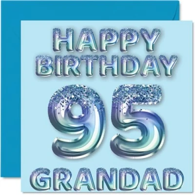 Image of 95th Birthday Card for Grandad Blue Glitter Party Balloons Happy Cards 95 Year Old from Grandson Granddaughter, 145mm x Bday Greeting Gift