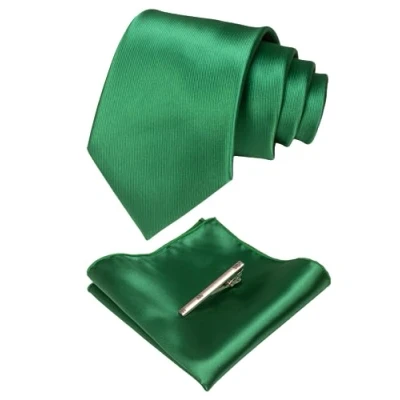 Image of JEMYGINS Green Tie Silk Necktie and Pocket Square With Clip Sets for Men (9)