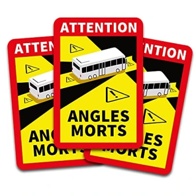 Image of Attention Angles Morts Sticker 25 x 17 cm for Vehicles Mandatory from 3.5 t in France Warning Blind Spot Self Adhesive UV Resistant Weatherproof R144 Bus Pack of 3