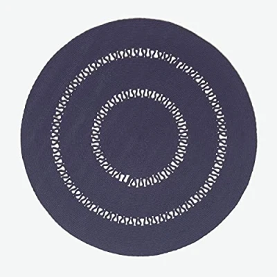 Image of HOMESCAPES Navy Blue Crochet Rug Handwoven Cotton Braided Mat Reversible 120 cm Round for Living Room &amp; Bedroom