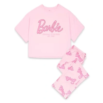 Image of Barbie Womens Pyjama Set in Pink Ladies Cropped Short Sleeve Graphic Tee &amp; Long Leg All Over Print Bottoms PJs Classic Logo Original Style Icon Doll Movie Apparel Merchandise Gift for Her