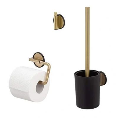 Image of Tiger Tune Toilet accessories set brush and holder roll without cover Towel hook Brushed brass/Black
