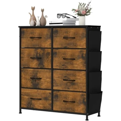 Image of YITAHOME Chest of Drawers with 8 Drawers, Fabric Cabinet Side Pocket&amp;Hooks,Easy Pull Handle,Sturdy Steel Frame,Storage for Bedroom, Kids Room, Closet, Clothes,Rustic Brown