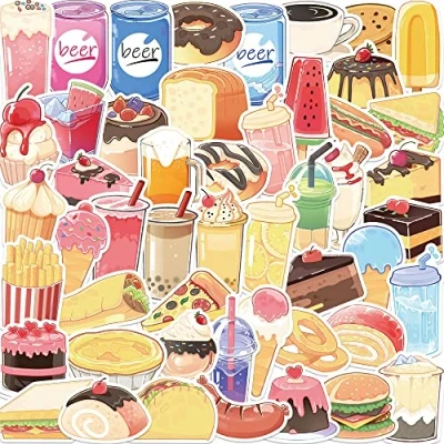 Image of 50Pcs Food Stickers Laptop Car Scrapbook Phone Skateboard Suitcase Luggage Bike Vinyl Waterproof Aesthetic Personalised for Teens Boys Girls Adults Children