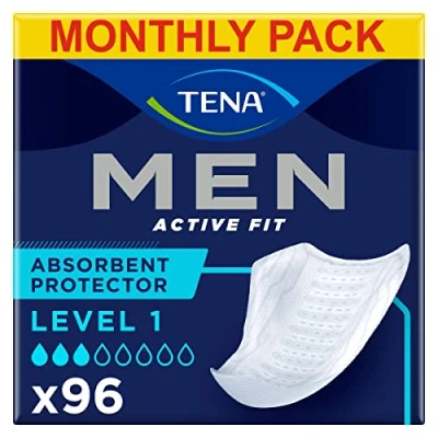 Image of TENA Men Absorbent Protector Incontinence Pads, Level 1, for Light Bladder Weakness, 96 Pads (12 x 8 packs) Men, Specially Engineered a Man&#039;s Body, Length 23cm