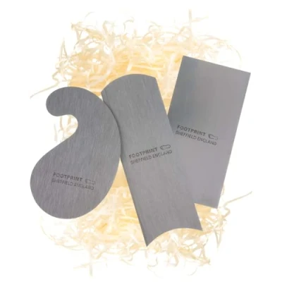 Image of High Carbon Steel Cabinet Scrapers Set of 3. By Footprint Tools. A Rectangular, Gooseneck and Curved Card Scraper. Shaped for Scraping Wood. Alternative to Sandpaper. Paint, Oil Varnish Remover.