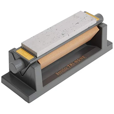 Image of Smith’s TRI6 Arkansas Tri Hone Stone Sharpening System Grey 6 Fine, Medium, &amp; Coarse Stones 3 Way Honing Nonslip Rubber Feet Restore Tools, Hunting, Kitchen, Fishing Pocket Knives