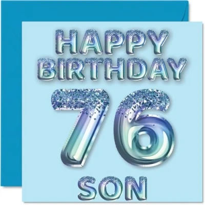 Image of 76th Birthday Card for Son Blue Glitter Party Balloons Happy Cards 76 Year Old from Mum Dad Parents, 145mm x Bday Greeting Gift