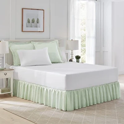 Image of Laura Ashley Home Cotton Ruffled Bedskirt, Lightweight &amp; Classic Style (Ticking Stripe Green, Twin)