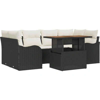 Image of vidaXL 7 Piece Garden Sofa Set with Cushions Black Poly Rattan Acacia