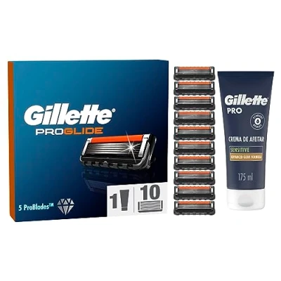 Image of Gillette ProGlide Regime Set Men, Pack of 10 Razor Blade Refills with Precision Trimmer and PRO Shaving Cream