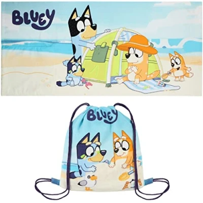 Image of Bluey Fold Away Beach Towel Bag For Boys &amp; Girls Kids Bathtowel Childrens Swimming