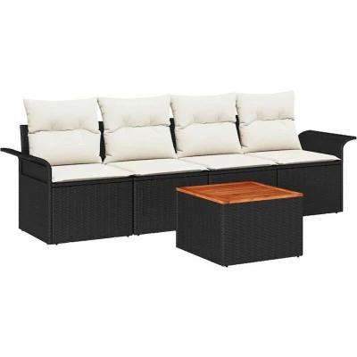 Image of vidaXL 5 Piece Garden Sofa Set with Cushions Black Poly Rattan Acacia