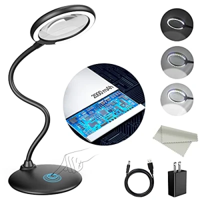 Image of Raweao 5X Rechargeable Magnifying Lamp, Dimmable Hands Free Glass with Light and Stand for Close Work, Reading, Hobbies, Crafts