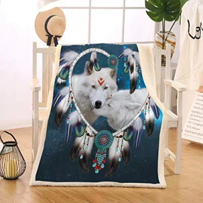 Image of BlessLiving Wolf Print Animal Blanket Dream Catcher Fleece Feather Sherpa Lined Throw Twin/Double (150x200cm)