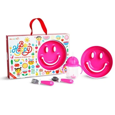 Image of Munchkin Be Happy Toddler Dining Set Includes Suction Plate Straw Cup and Utensil Set, Pink