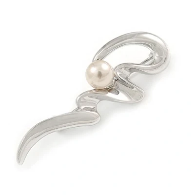 Image of Avalaya Fancy Polished Rhodium Plated Cream Simulated Pearl Brooch 53mm L