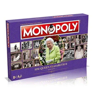 Image of Winning Moves HM Queen Elizabeth II Monopoly Board Game, tour key moments in Her Majesty&#039;s life, Collect Royal Residence, Horses, Corgis and Weddings, gift for ages 8 plus