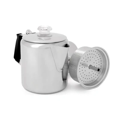Image of GSI Outdoors Percolator Coffee Pot I Glacier Stainless Steel with Silicone Handle for Camping, Backpacking, Travel, RV &amp; Hunting Stove Safe 6 Cup