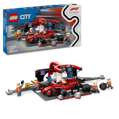 Image of LEGO City F1 Pit Stop &amp; Crew with Ferrari Car Toy Formula 1 Set incl. a Driver Minifigure, 4 Mechanics, Spare Tyres Wheel Guns Building Toys for 6+ Year Old Boys Girls 60443