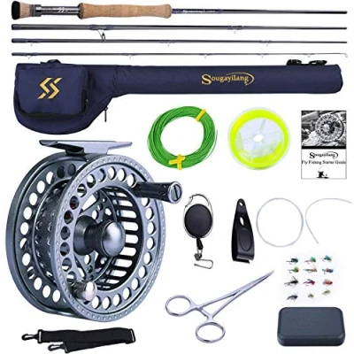Image of Sougayilang Fly Fishing Rod and Reel Combo, 4 Pieces Ultra weight Portable CNC Machined Aluminum Complete Starter Package with Bag 5/6