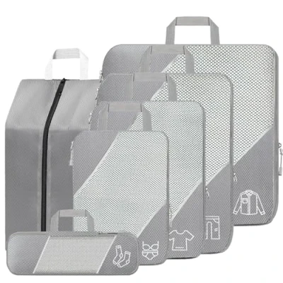 Image of SINZUX Compression Packing Cubes, 6 PCS Grey Extensible Ultralight Cubes for Carry On Luggage, Suitcase Organiser Bags Set Travel &amp; Home Storage, Cube Suitcases