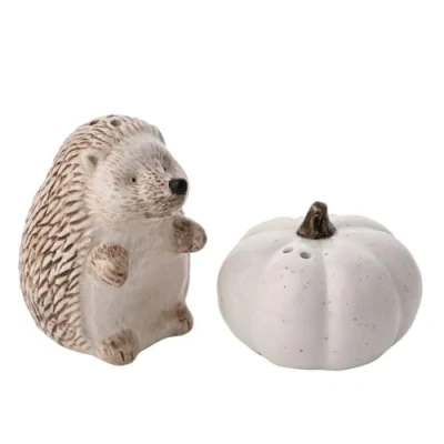 Image of Widdop and Co. Country Living White Glazed Ceramic Hedgehog Salt &amp; Pepper Set. Home Decor GiftingKitchen Dinner Parties + Animal Nature Lovers H: 8 x W: 6 D: cms.