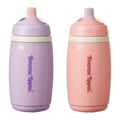 Image of Tommee Tippee Insulated Active Spout Cup, 266ml, Non Spill Water Bottle for Toddlers 12 Months+, to Help Keep Their Drinks Cool, Pink and Purple, 2 Pack