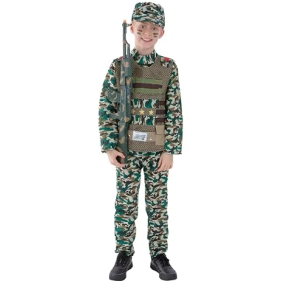 Image of Smiffys Camouflage Military Boy Costume, Green with Top, Trousers &amp; Hat, Boys Fancy Dress, Army Dress Up Costumes