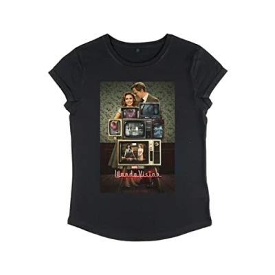 Image of Marvel Women&#039;s Wandavision Wv Poster Through The Years Rolled Sleeve T Shirt, Black, XL
