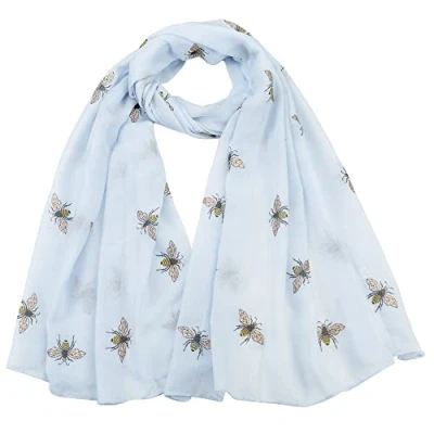Image of Women&#039;s Glitter Bumble Bee Print Ladies Scarf Lightweight Fashion Wrap (Baby Blue Bee)