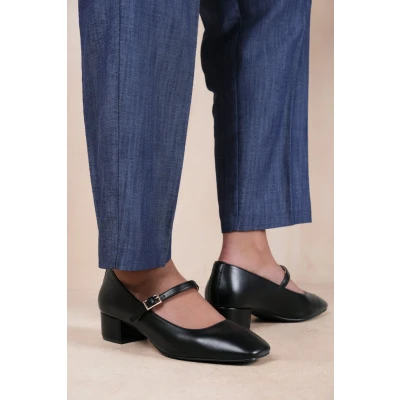 Image of Womens Low Mid Block Heel Ankle Strap Smart Work Office Comfort Court Shoes Wide Fit Closed Toe Comfy Party Casual Travel Black Faux Leather