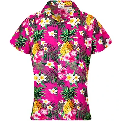 Image of King Kameha Funky Hawaiian Blouse Shirt, Shortsleeve, Print Pineapple Flowers, Pink, 3XL