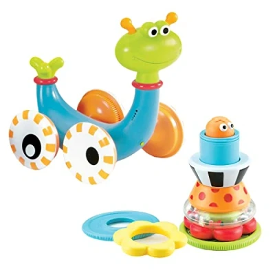 Image of Yookidoo Musical Crawl N&#039; Go Snail. Promotes Baby&#039;s First Crawling Adventures. Stacker Toy with a Push Squeaker and Rattle Ring.